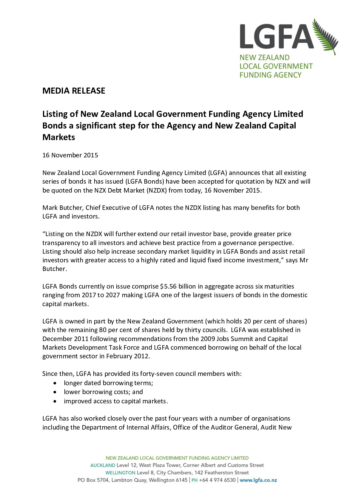 Media Release LGFA NZX Listing New Zealand Local Government Funding